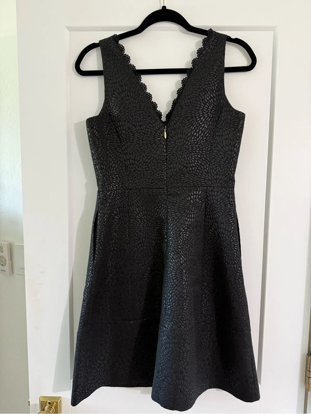 Draper James Black Textured V-Neck Midi Dress with Lace Trim